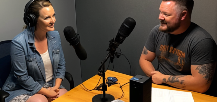 two people in a podcast studio